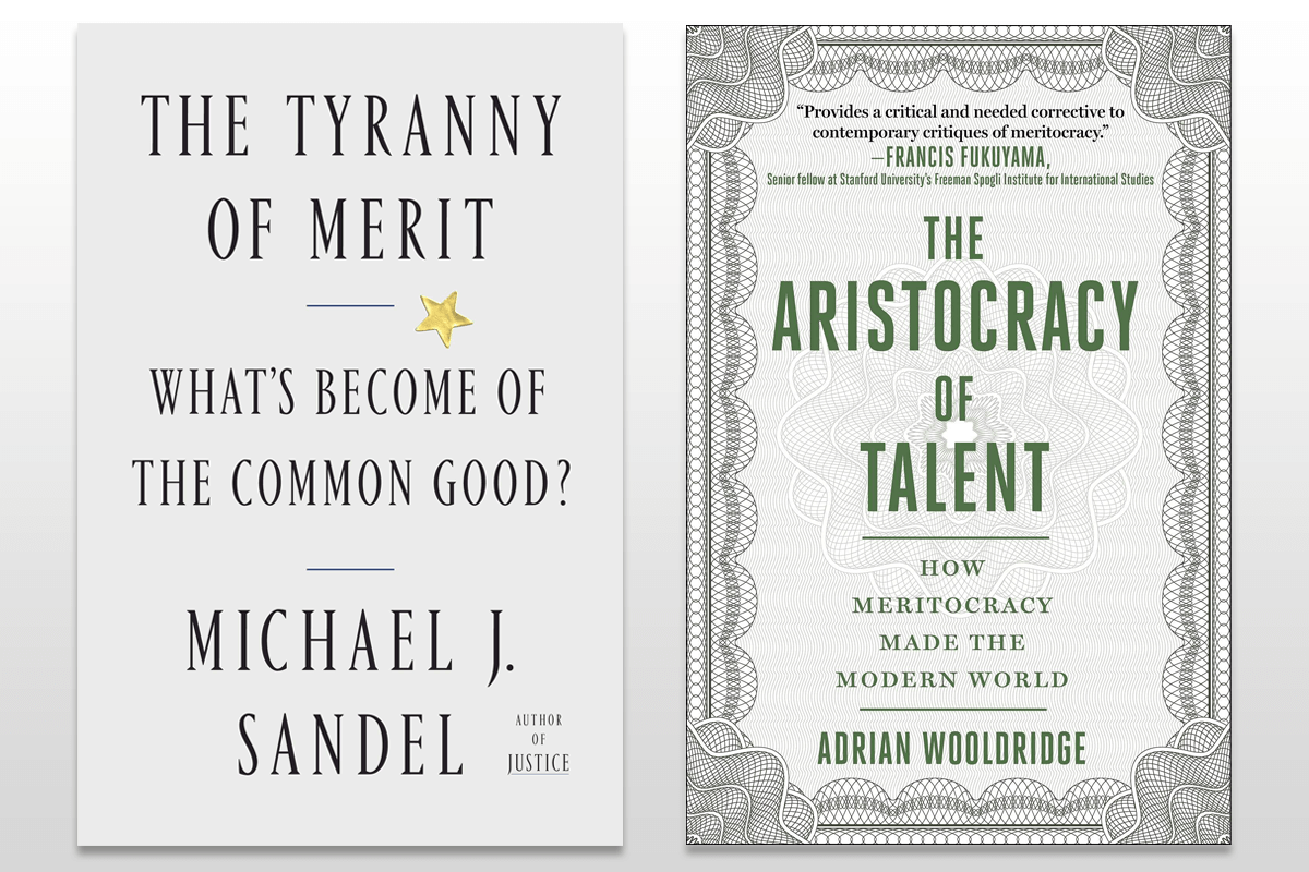 Book covers of "The Tyranny of Merit" and "The Aristocracy of Talent"