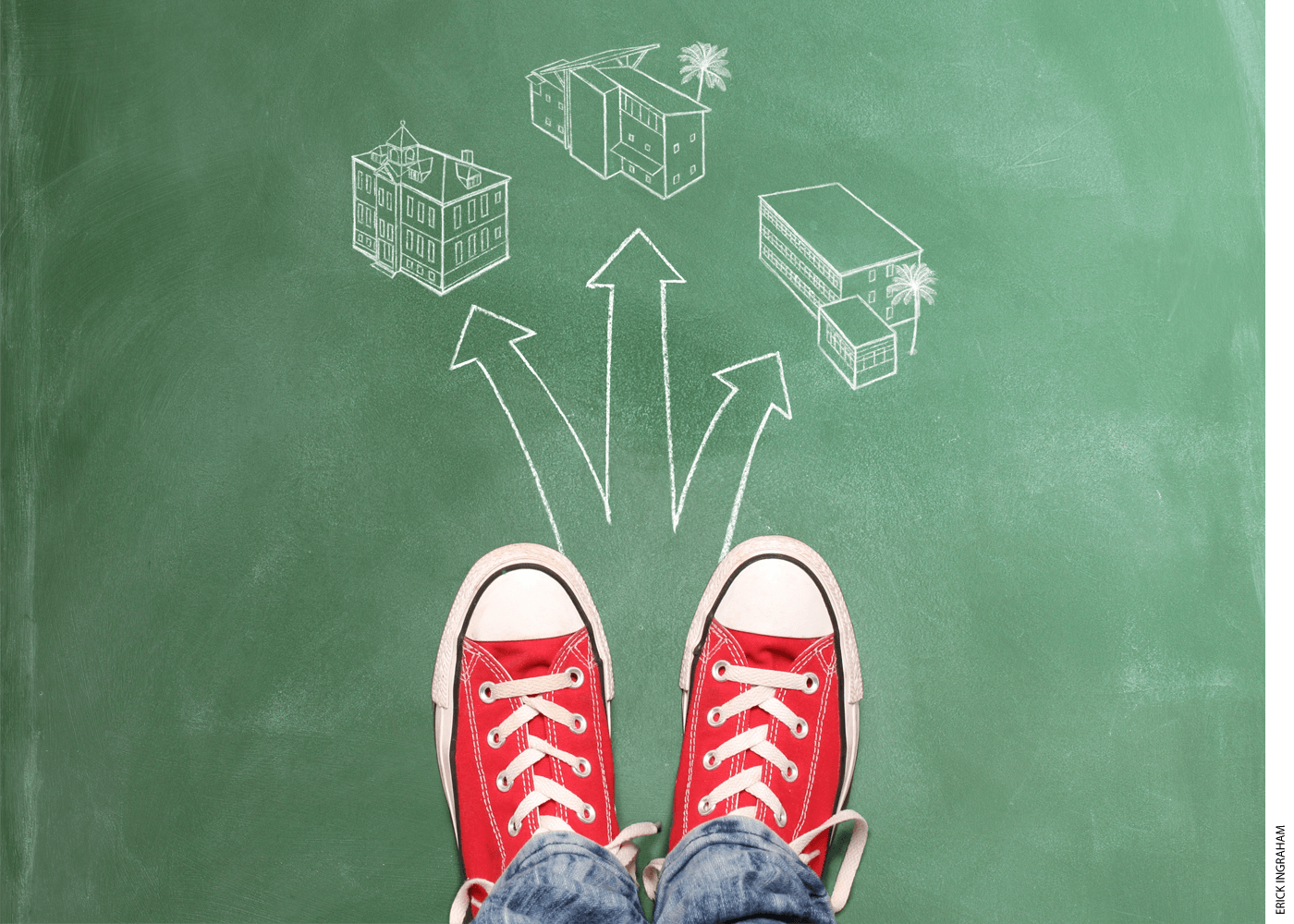 A pair of sneakers standing on a chalkboard, on which directions are drawn in chalk, pointing towards three different school buildings