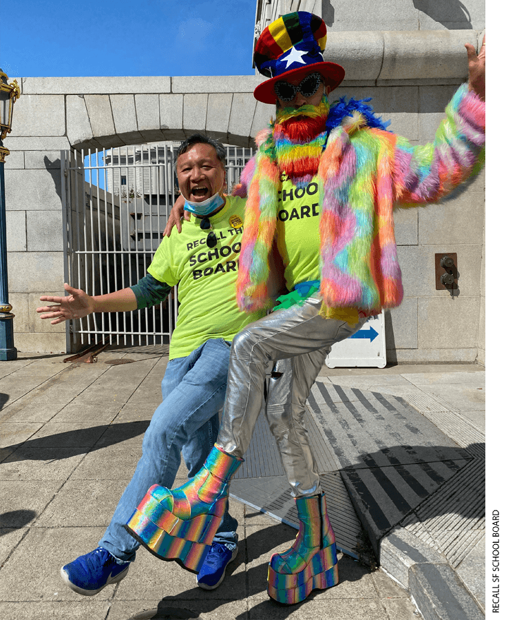 One recall campaigner, the father of a 10-year-old, in a rainbow beard, top hat, silver pants and platform boots, calls himself 