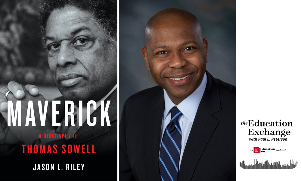Photo of Jason Riley, and the book cover of "Maverick: A Biography of Thomas Sowell"
