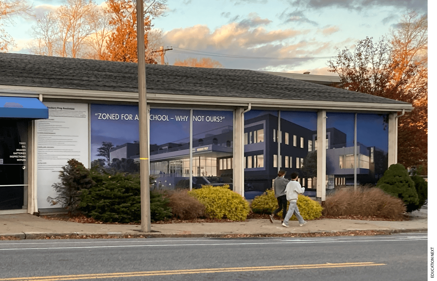 Roxbury Prep wrapped the site at 361 Belgrade Ave in Roslindale with an image of the school building it hoped to construct there.