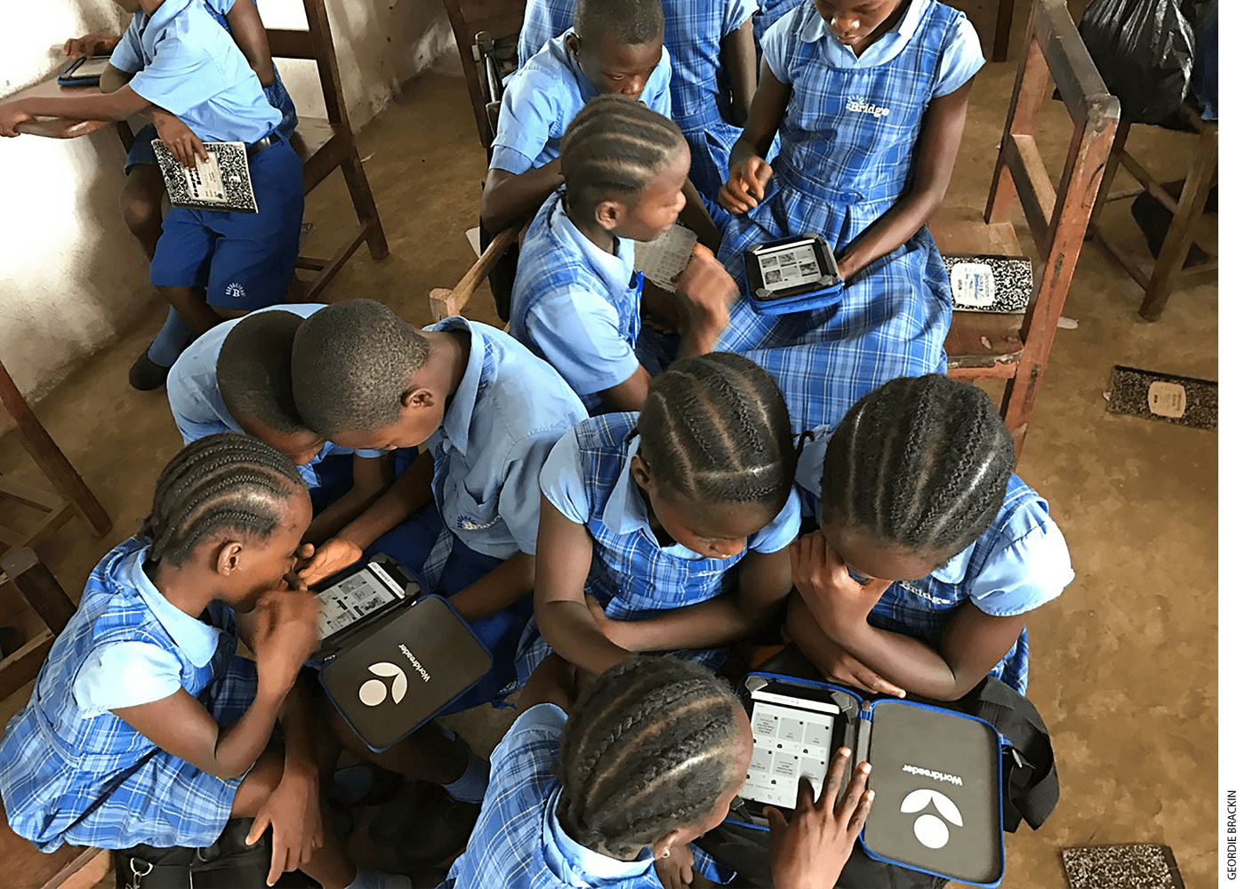 To give students access to good fiction, Bridge has experimented with the WorldReader, a tablet loaded with books and stories.