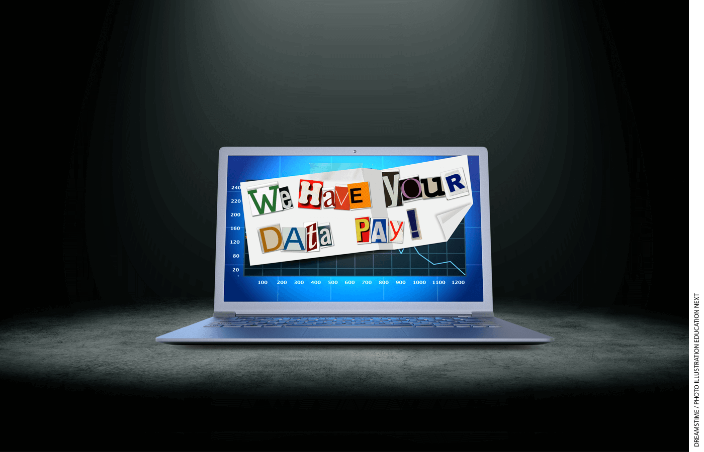 Illustration of a laptop with "WE HAVE YOUR DATA PAY" on the screen