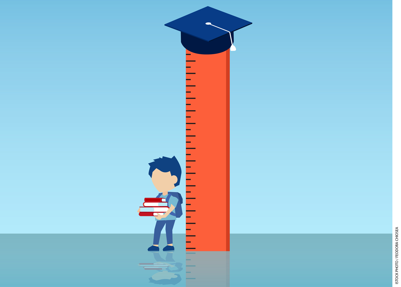 Illustration of a student standing next to a ruler