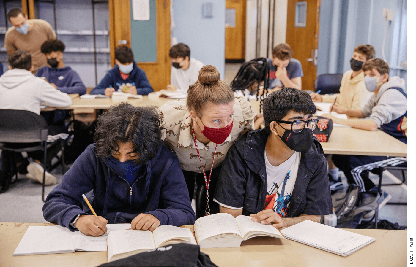 Students at the Bard High School Early College in Manhattan study a section of the Odyssey about the feud between the sons of Atreus. Teacher Julie Mirwis stands between them.