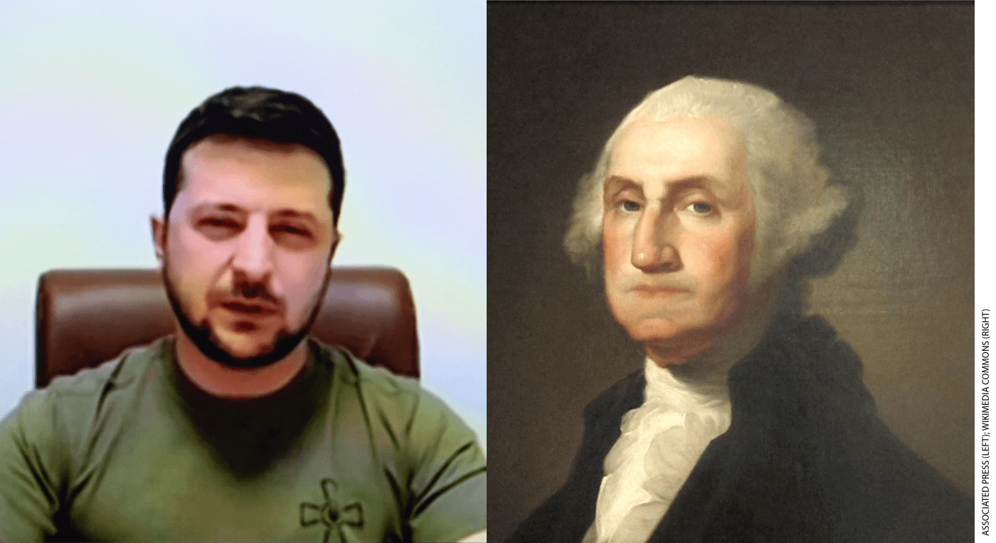 Two photos, one of Volodymyr Zelensky and one of George Washington