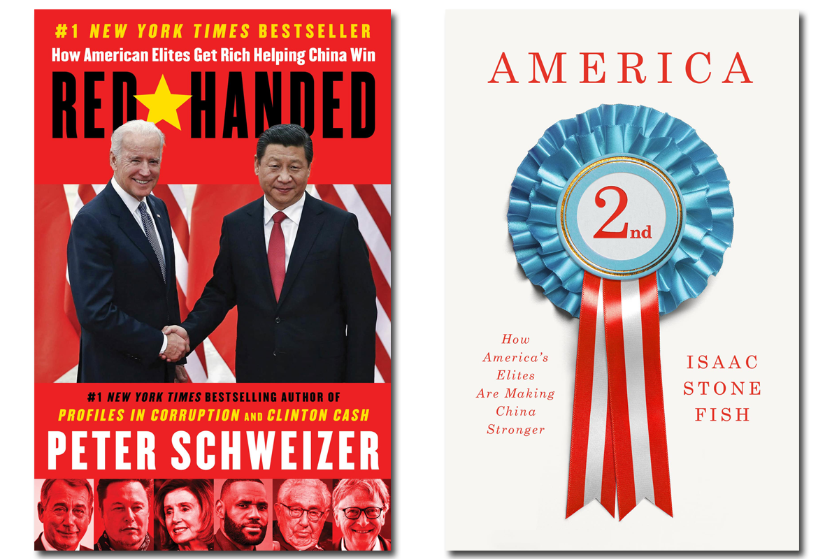 Book covers of Red-Handed: How American Elites Get Rich Helping China Win, by Peter Schweizer and America 2nd: How America’s Elites Are Making China Stronger, by Isaac Stone Fish