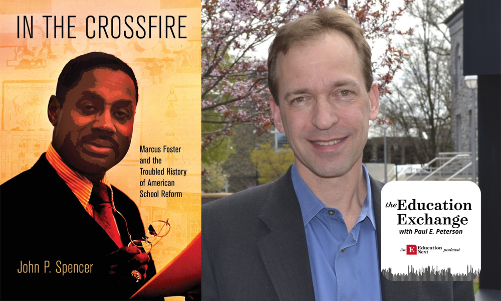 Photo of "In the Crossfire" book cover next to photo of John P. Spencer