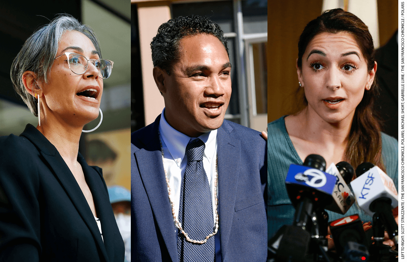 San Francisco school-board members (from left) commissioner Alison Collins, vice president Faauuga Moliga, and president Gabriela López were voted out via recall.