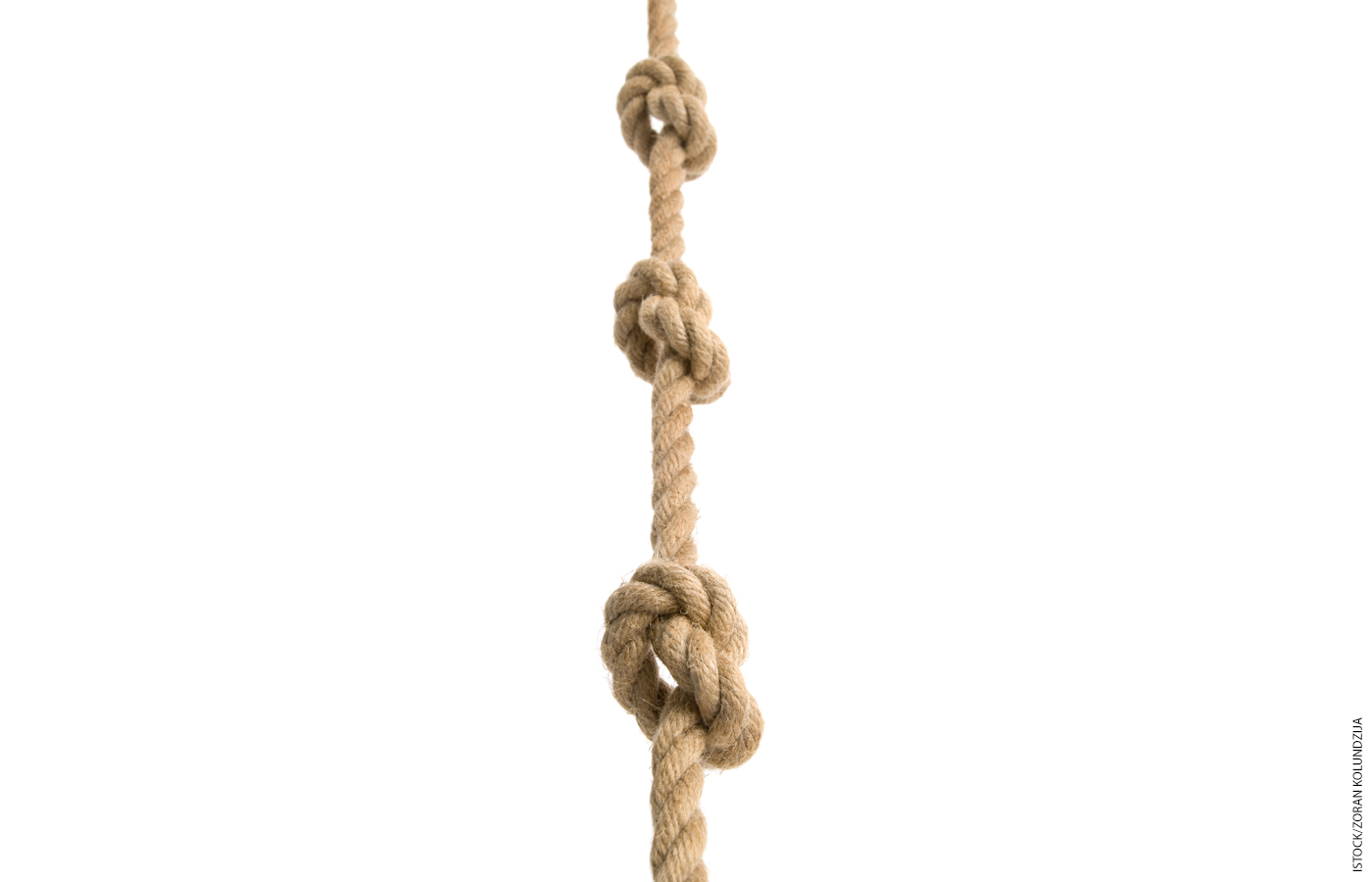 A climbing rope with three knots