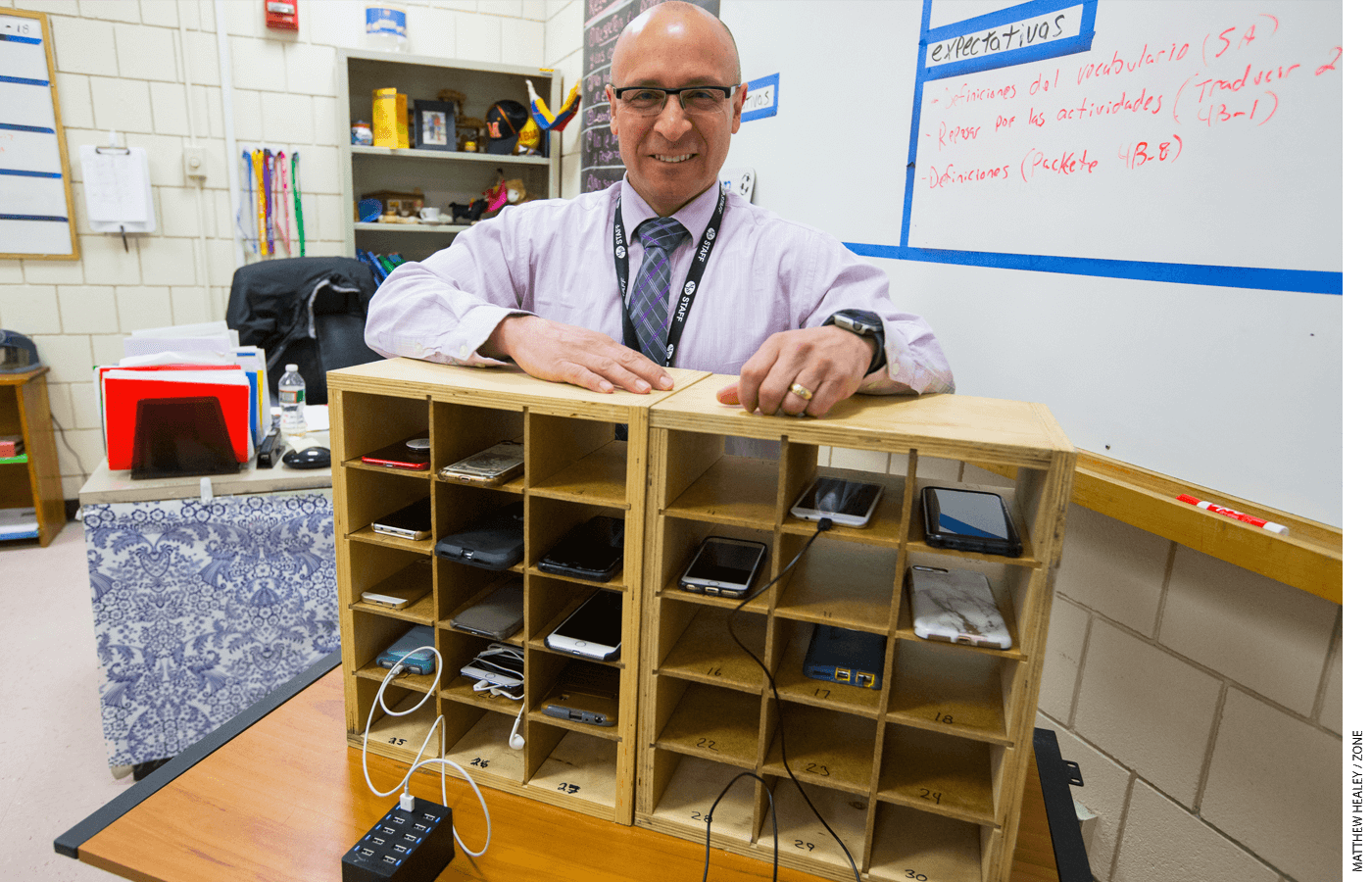 In Gerry Padilla’s Spanish classes at Marlborough High School in Massachusetts, students leave devices in a “cell phone hotel.” Restricting phone access doesn’t have to mean a ban.