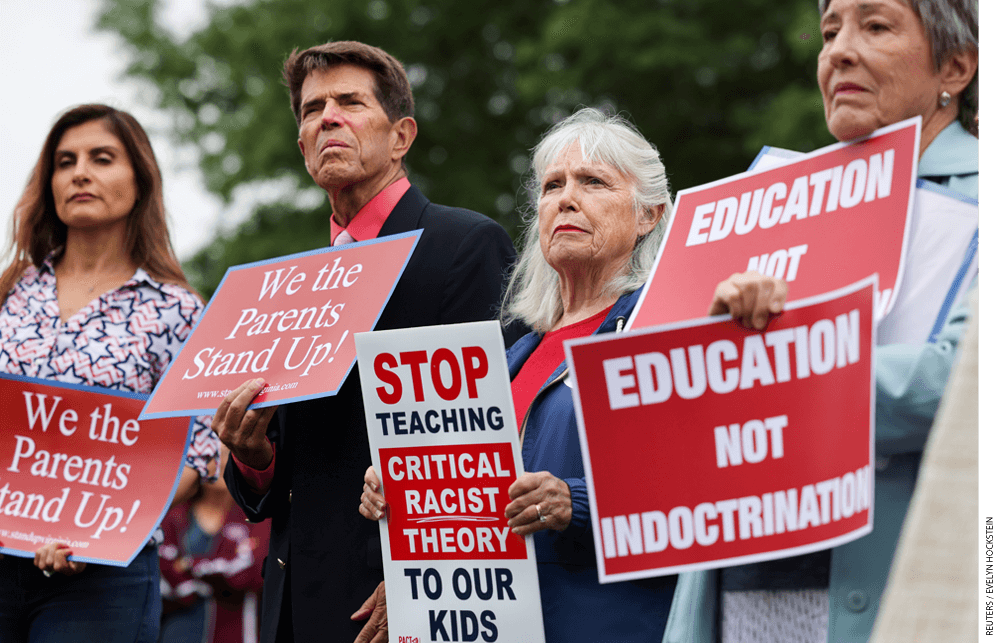 Opponents of Critical Race Theory demonstrate outside the Loudoun County School Board headquarters. The issue stoked controversy in the Virginia gubernatorial race.