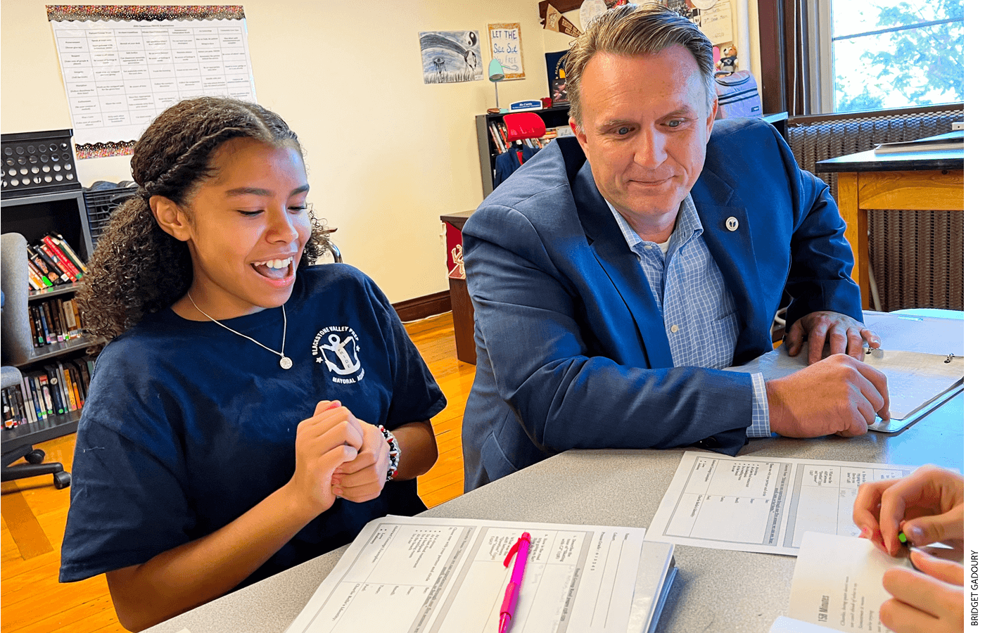 Blackstone Valley Prep cofounder Jeremy Chiappetta, right, with a student