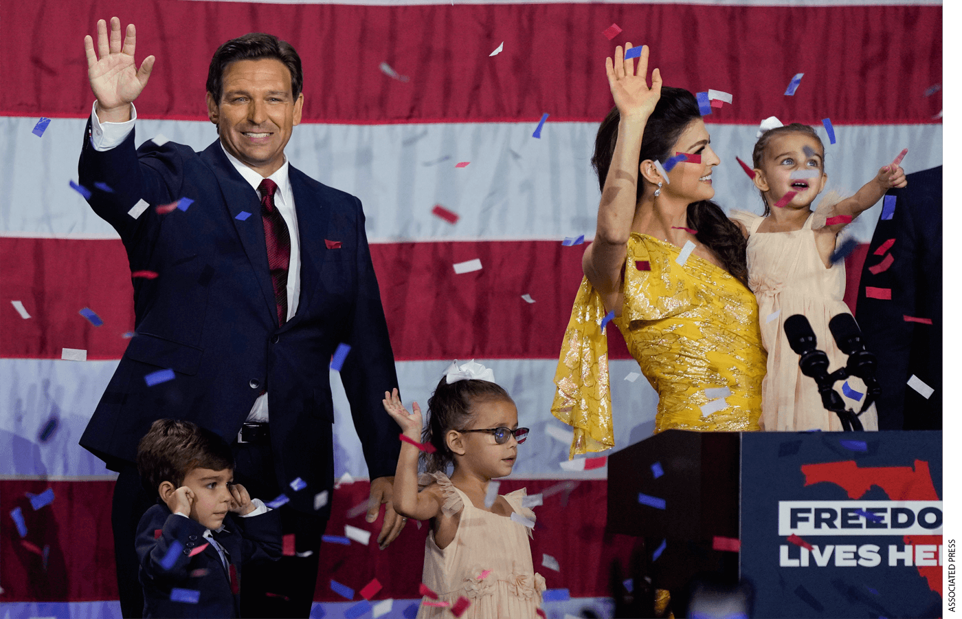 Incumbent Florida Republican Gov. Ron DeSantis, his wife Casey and their children on stage after speaking to supporters at an election night party after winning his race for reelection in Tampa, Fla., Tuesday, Nov. 8, 2022.