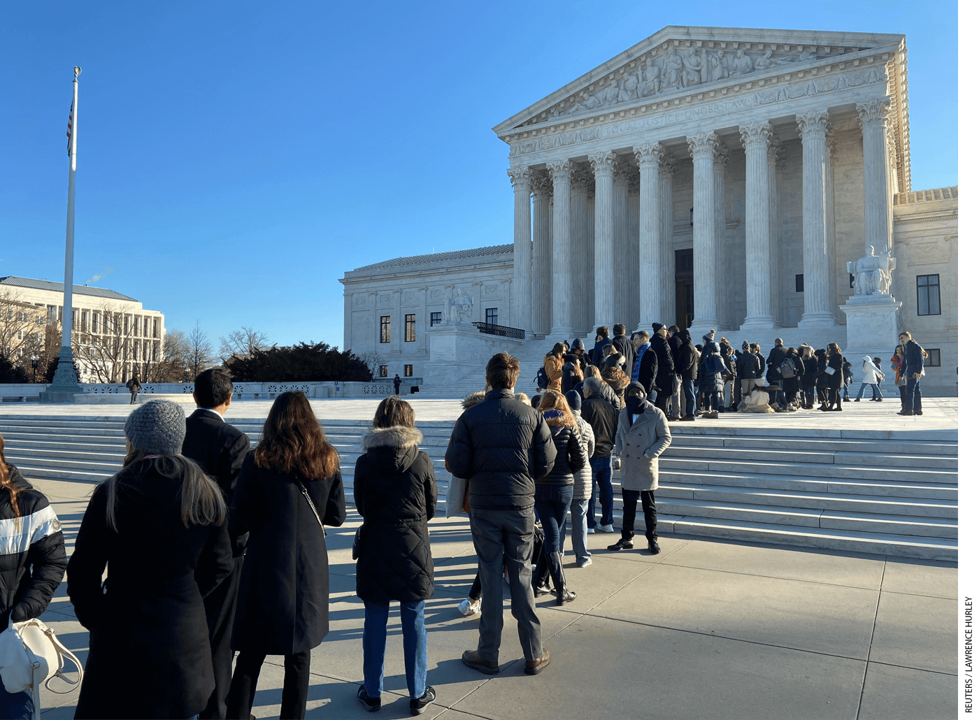People wait outside the Supreme Court in January 2020 to hear oral arguments in Espinoza v. Montana Department of Revenue.