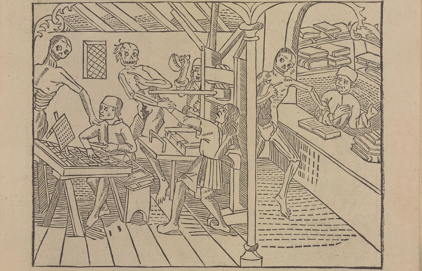 The Lyons Danse macabre at the Princeton University library, one of two surviving copies, contains the earliest depiction of a printing shop: one skeleton of death seizes the surprised compositor, another the pressman, and another, in adjacent scene, a dismayed bookseller standing at his counter.