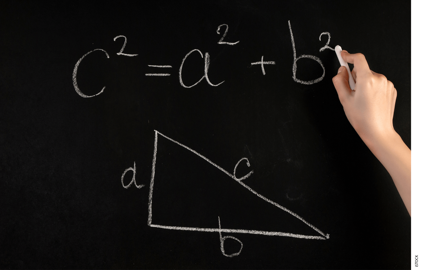 Hand writing out Pythagoras Theorem on chalkboard