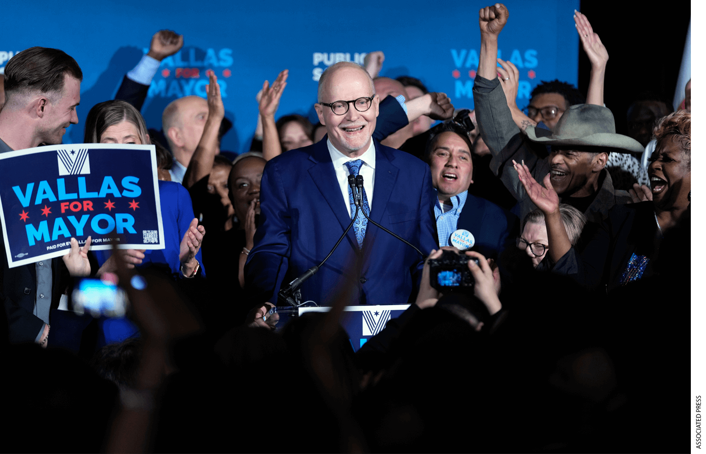 Chicago mayoral candidate Paul Vallas smiles as he speaks at his election night event in Chicago, Tuesday, Feb. 28, 2023.