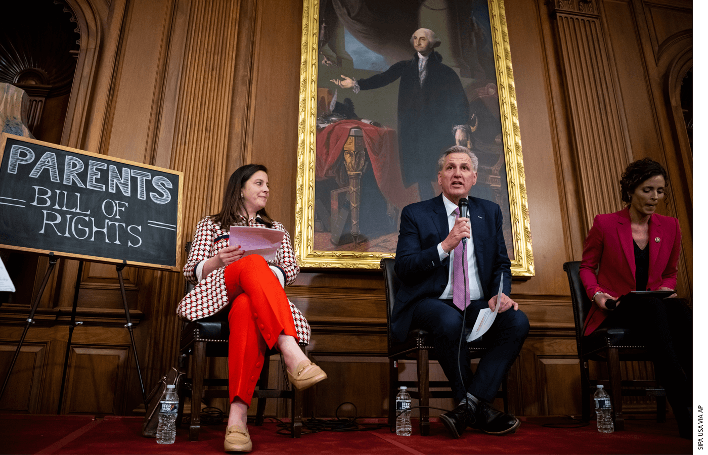 Speaker of the House Kevin McCarthy (R-CA) speaks to guests with Representative Elise Stefanik (R-N.Y.) during a press event highlighting the "Parents Bill of Rights", at the U.S. Capitol, in Washington, D.C., on Wednesday, March 1, 2023.