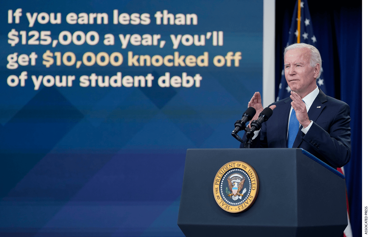 President Joe Biden speaks about the student debt relief portal beta test in the South Court Auditorium on the White House complex in Washington, Oct. 17, 2022.