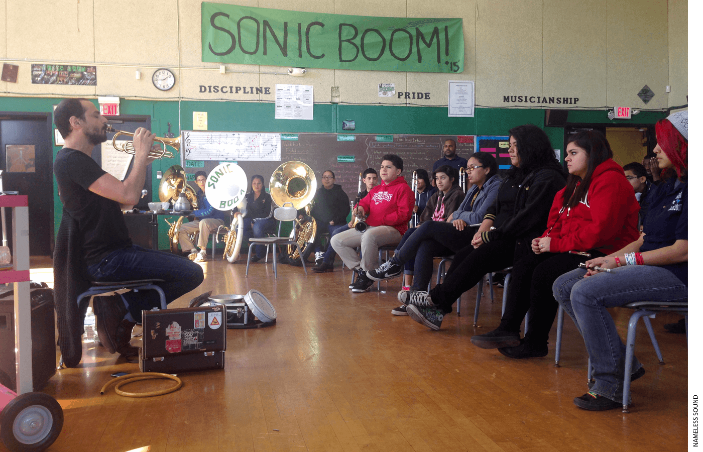 Mazen Kerbaj, a cornet player, gives a music improvisation workshop for students in Houston. New research reveals the benefits of arts education on overall academic achievement.