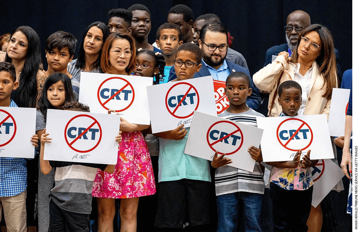 Students at Mater Academy Charter Middle/High School in Hialeah Gardens, Florida, demonstrate support for the “Stop WOKE Act,” which DeSantis signed in April 2022.