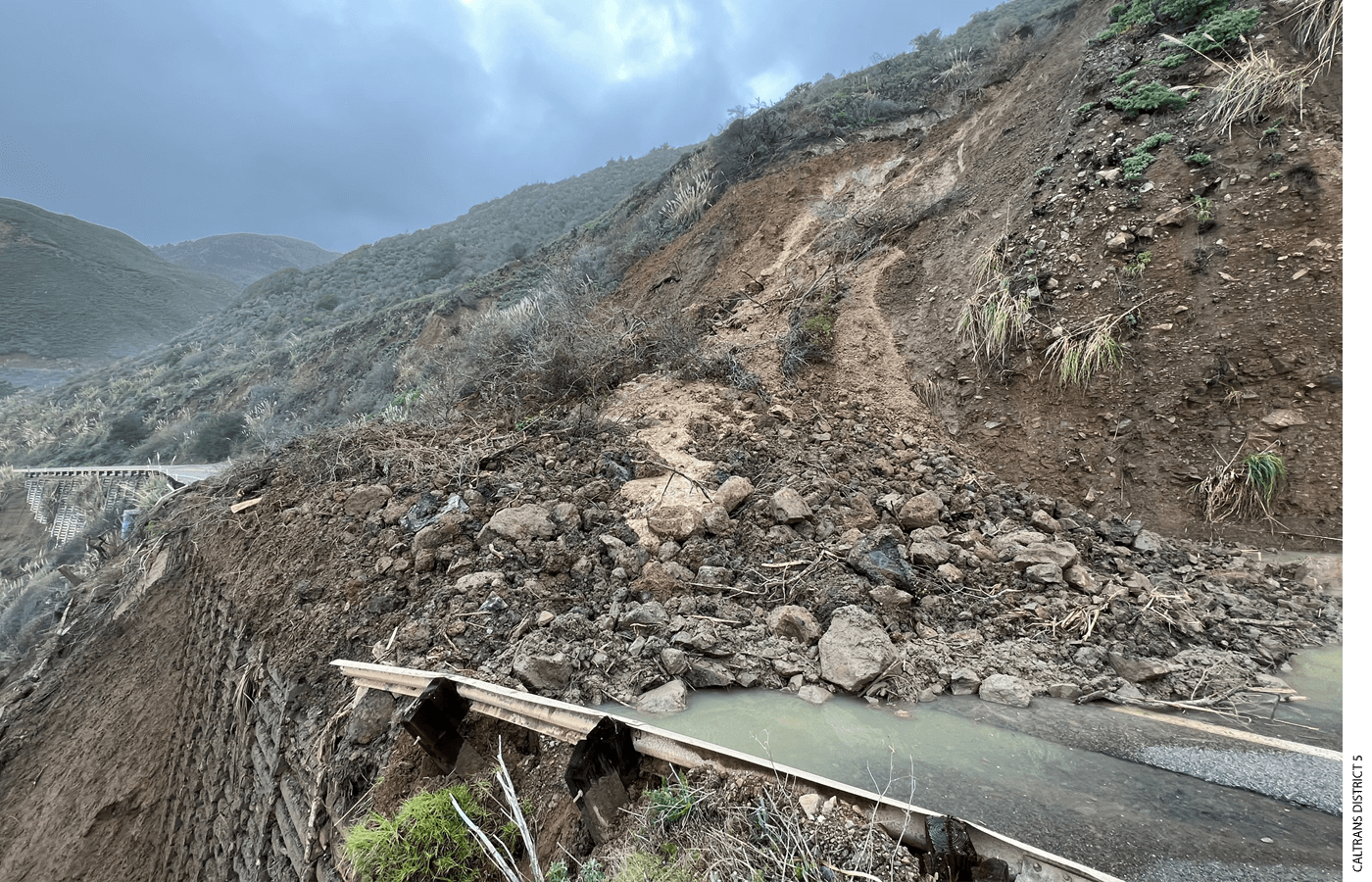 Rocks and mud cover HIghway 1 in California