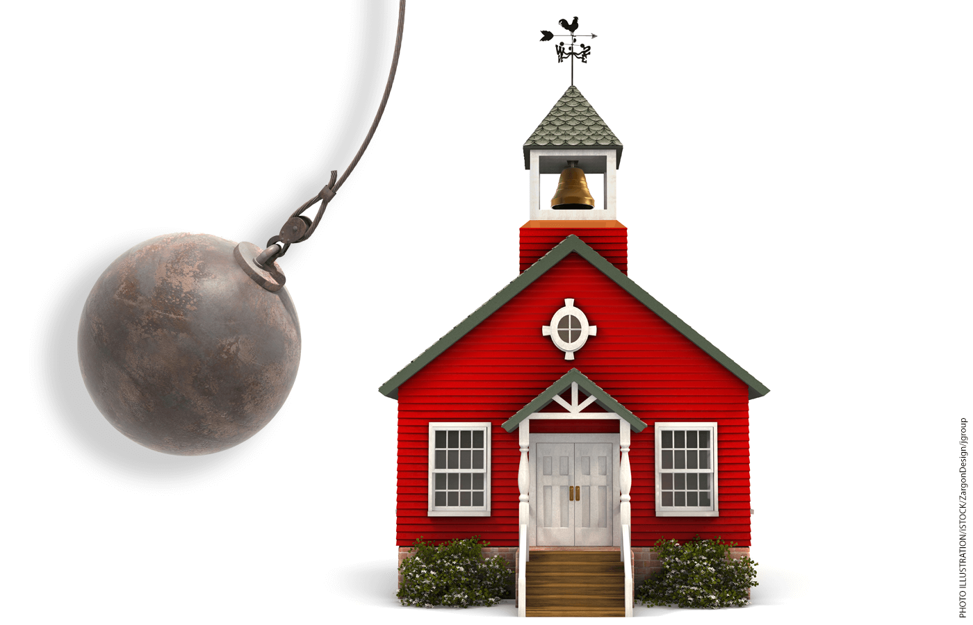 An illustration of a wrecking ball approaching a red schoolhouse