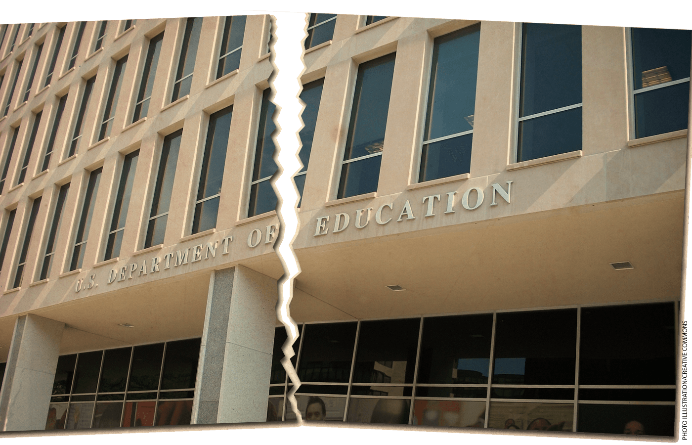 Illustration of a photo of the U.S. Department of Education building torn in half