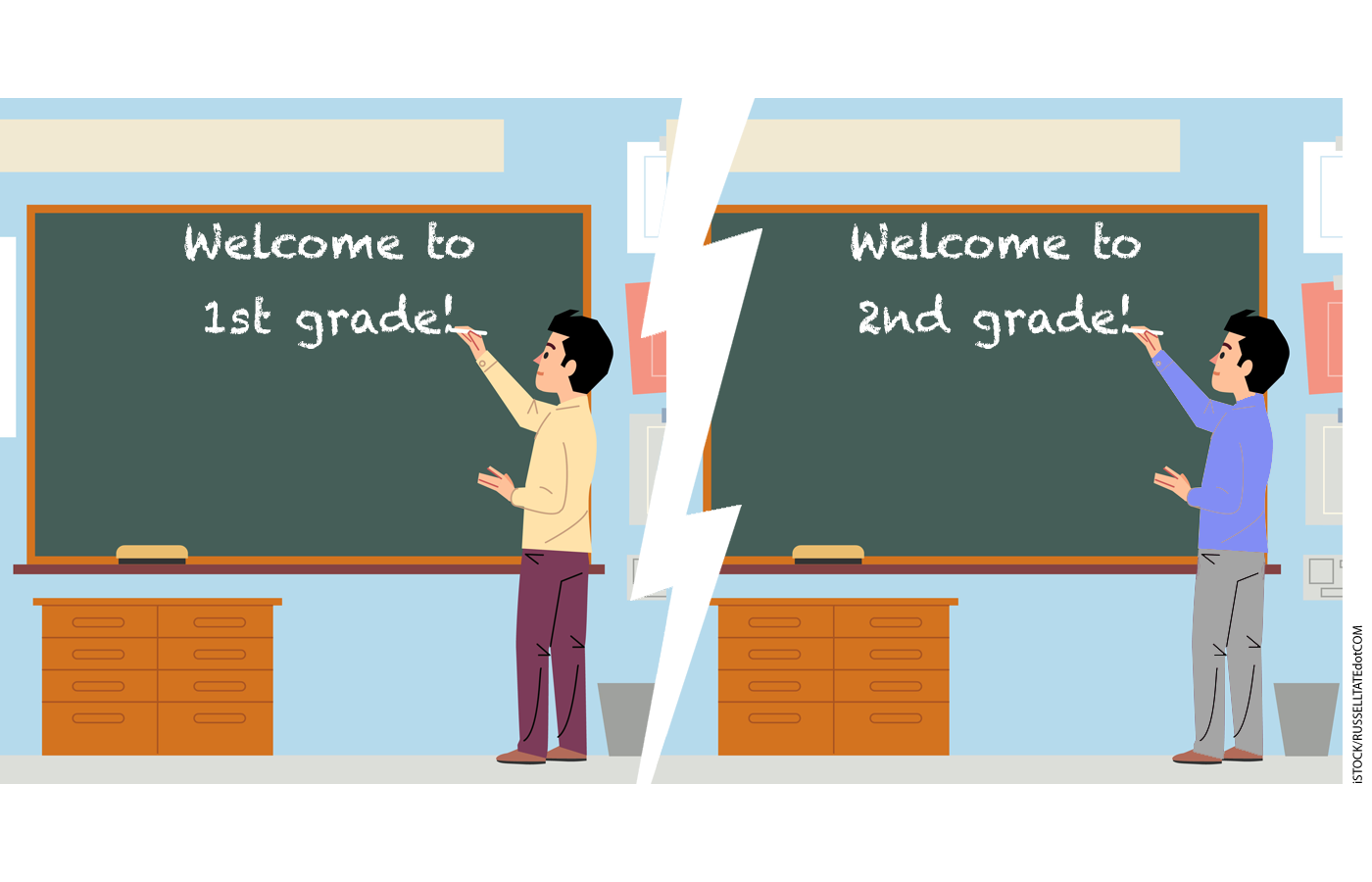 Illustration of the same teacher writing at two chalk boards