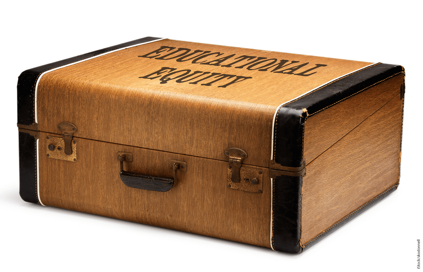A vintage suitcase with "Education Equity" inscribed on the lid