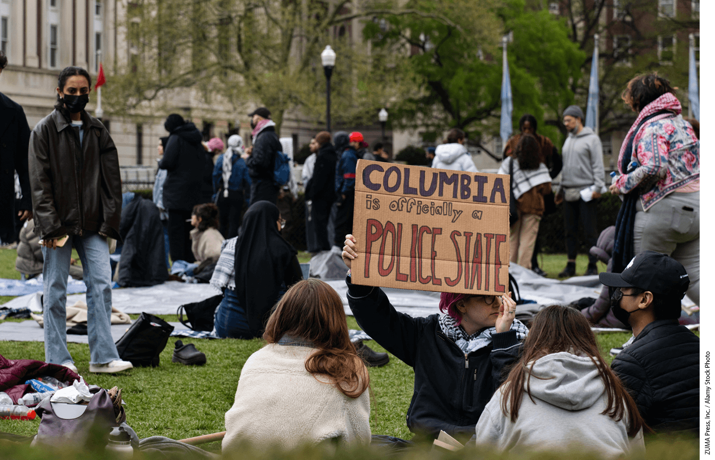 19th Apr, 2024. Despite over a hundred arrests the previous day, the student-led pro-Palestinian encampment at Columbia University has now relocated to a different quadrant of the lawn after the previous day's disbandment by the NYPD.