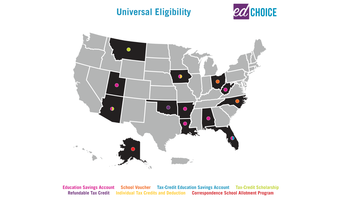 A map indicating universal eligibility in school choice in the United States.