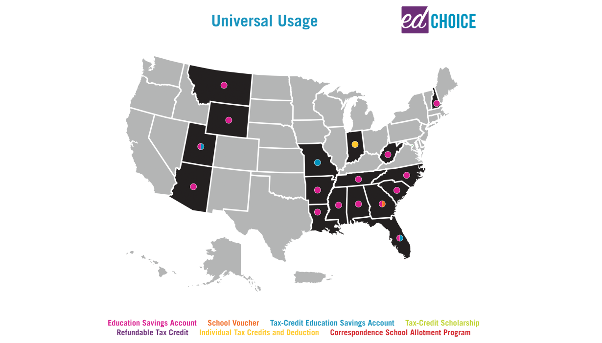A map indicating universal usage in school choice in the United States.