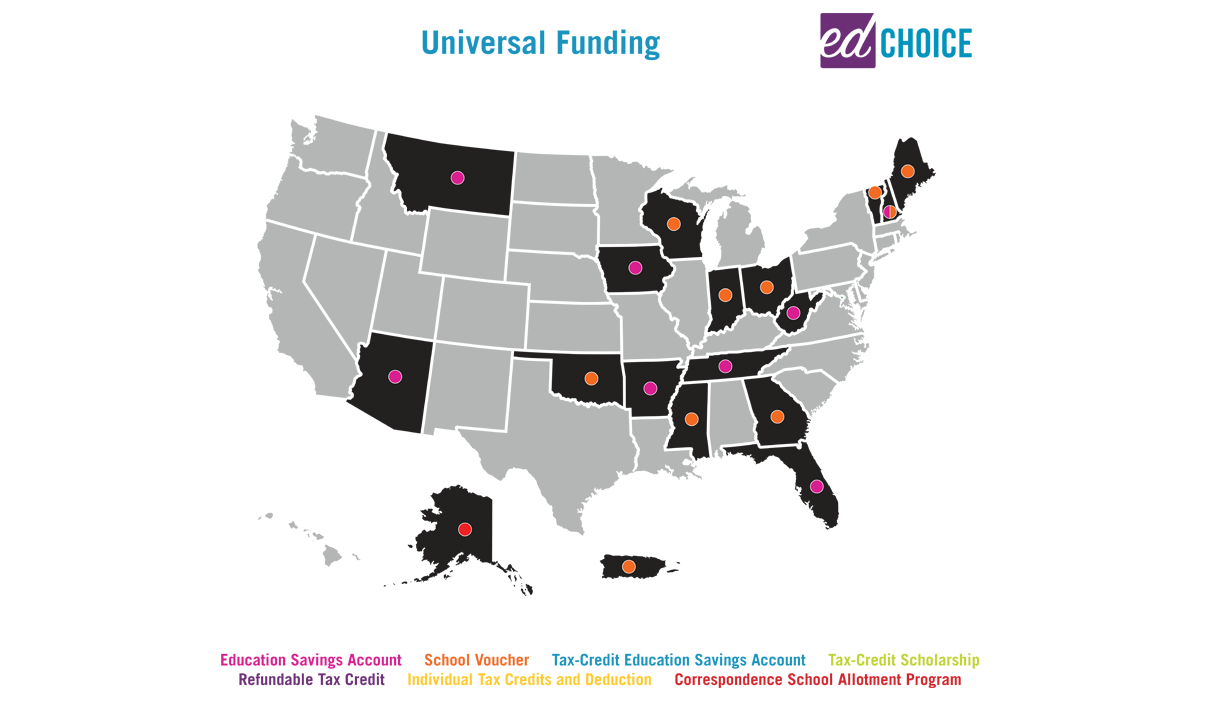 A map indicating universal funding in school choice in the United States.