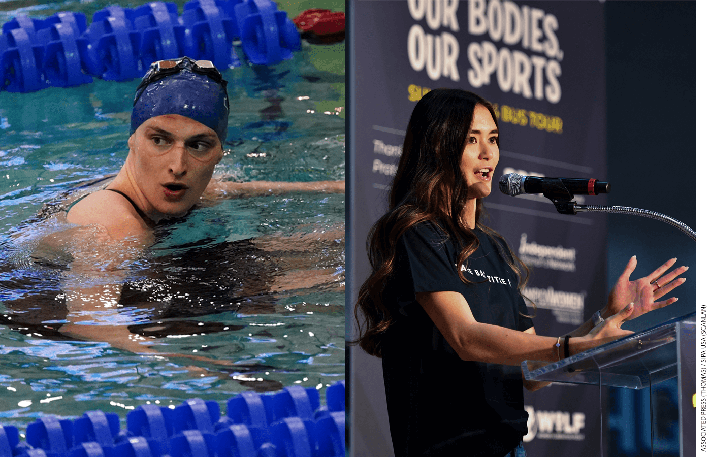 Side-by-side image of Lia Thomas in a swimming pool on the left and Paula Scanlan speaking at a podium on the right.