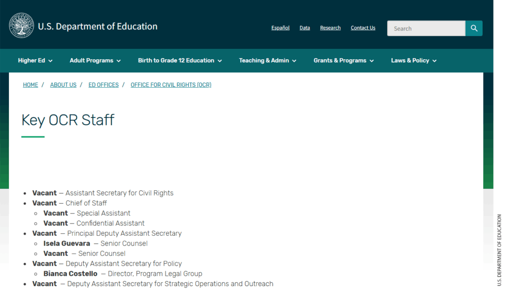 Web page of staff positions at the Office of Civil Rights of the Department of Education