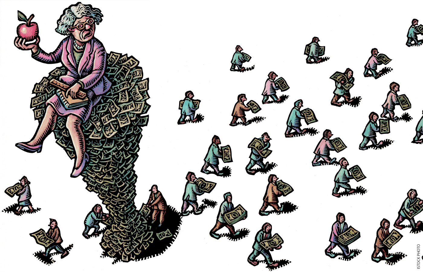 Illustration of older female teacher sitting on a pile of money while several others take bills away from pile.