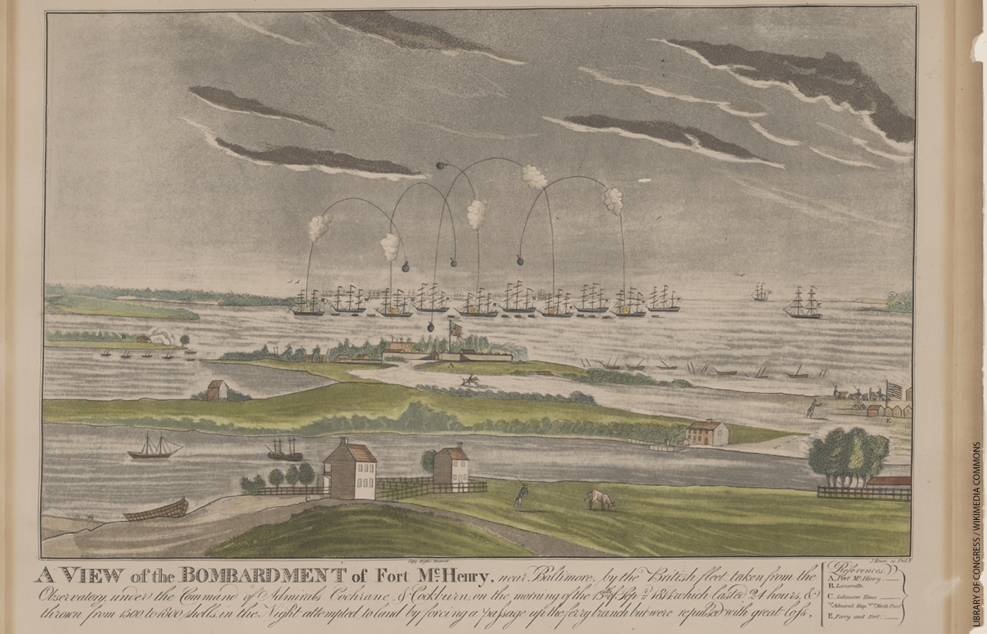 Engraving depicting the bombardment of Fort McHenry