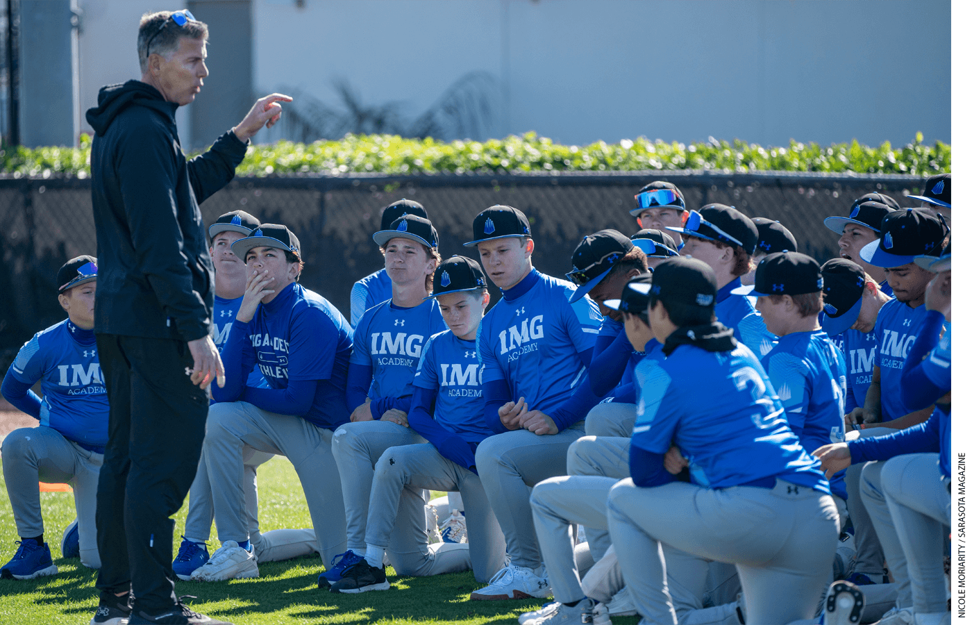 Pete Paciorek, head of leadership and character development at IMG Academy in Bradenton, Florida, addresses the school’s baseball players.