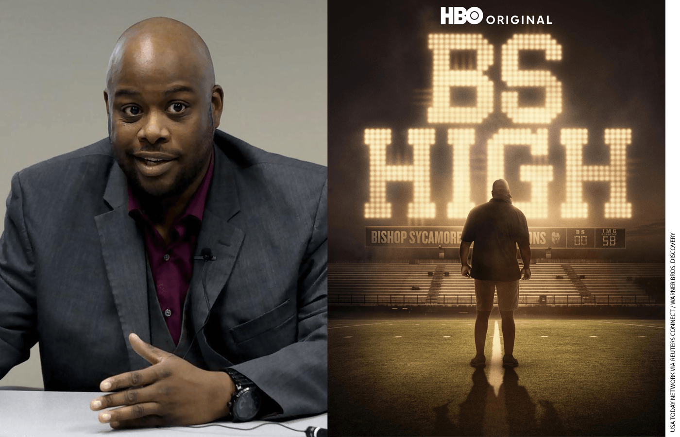 Photo of Roy Johnson, left, and a poster for BS High, right