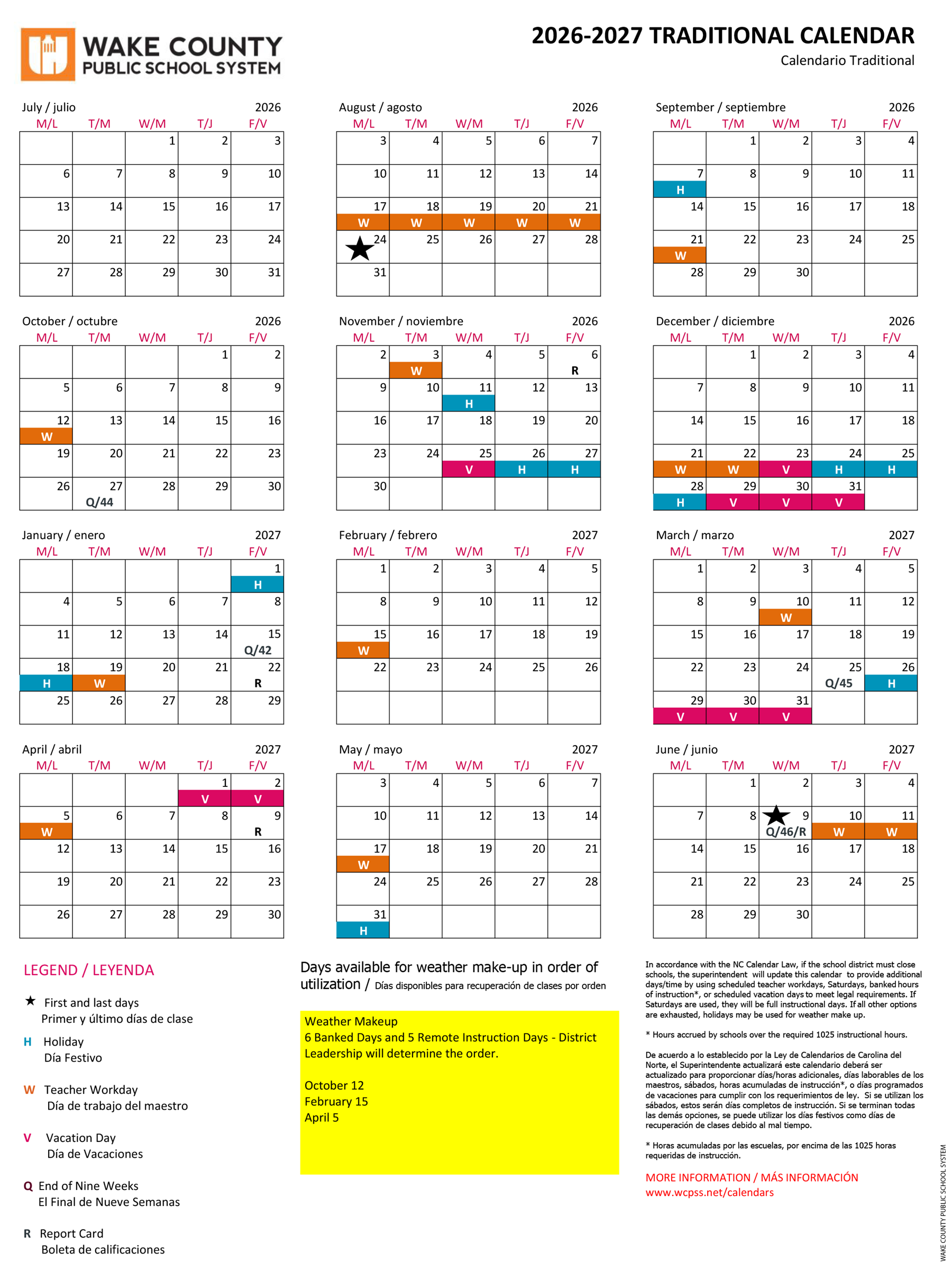Calendar for Wake County Public School System