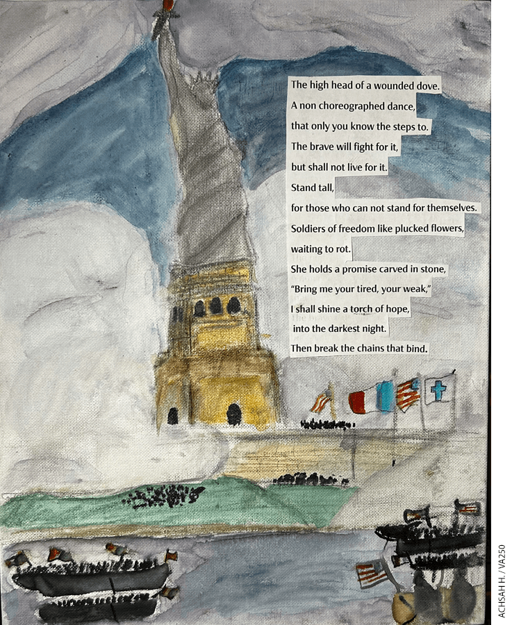 Painting of Statue of Liberty with boats in foreground, French and American flags, and words of a poem.