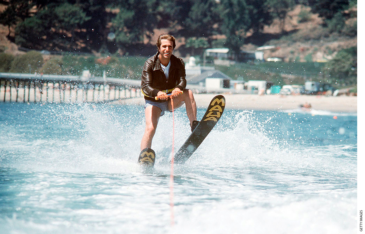 The Fonz gets ready to jump the shark on waterskis