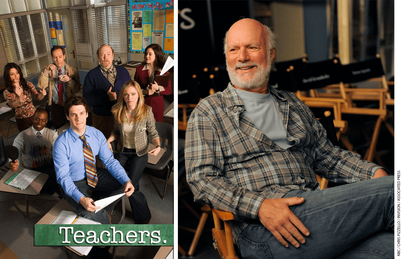 Poster of the TV show "Teachers" and a photo of James Burrows